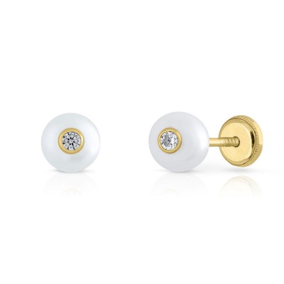 Cercei din Aur 14K, model Perla de Cultura 5mm si Piatra CZ alba, inchidere cu Filet si Protectie foto