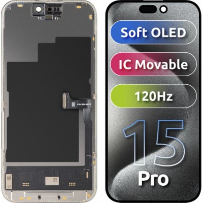 Display cu Touchscreen MP compatibil cu Apple iPhone 15 Pro, cu Rama, Versiune Soft OLED FHD 120Hz IC Movable, Negru foto