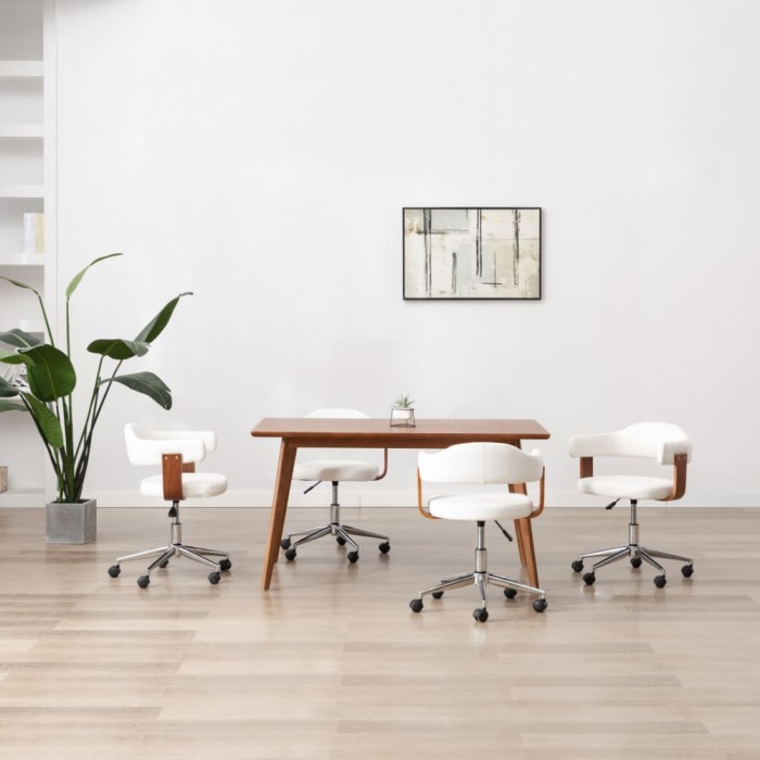Scaune pivotante, 4 buc. alb, lemn curbat &amp; piele ecologică