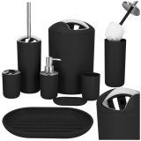 Set accesorii baie, 6 piese din plastic, cu perie WC si cos de gunoi, finisaj mat si lucios, negru argintiu Household NewTrend