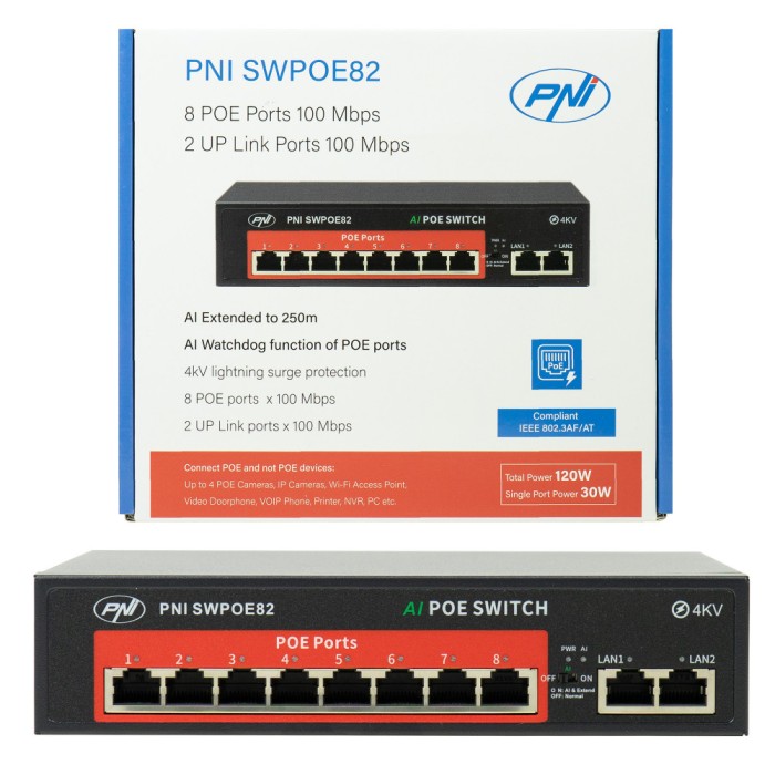 Aproape nou: Switch POE PNI SWPOE82 8 porturi POE 100 Mbps si 2 porturi UP Link 100