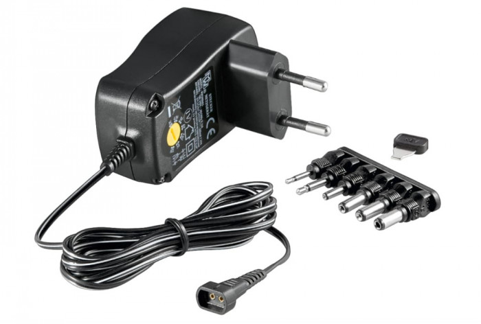 Alimentator universal Goobay 67950, 3-12V, cu maxim 7.2 W 600mAh incl. 6 mufe adaptoare DC, negru - RESIGILAT