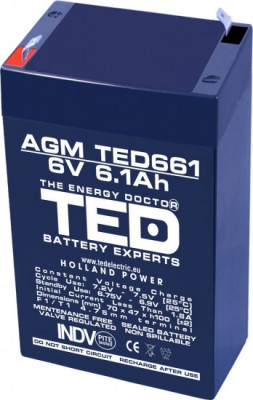 Acumulator AGM VRLA 6V 6.1A 70mm x 48mm x h 101mm F1 TED Battery Expert Holland foto