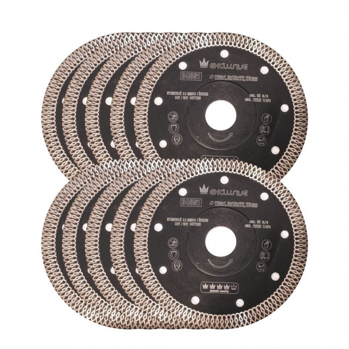 Disc diamantat turbo subtire, ceramica, taiere umeda si uscata, set 10 buc, 125 mm/22.23 mm, Richmann Exclusive