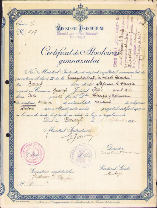HST A1429 Certificat absolvire 1930 Gimnaziu Ion Heliade Rădulescu București