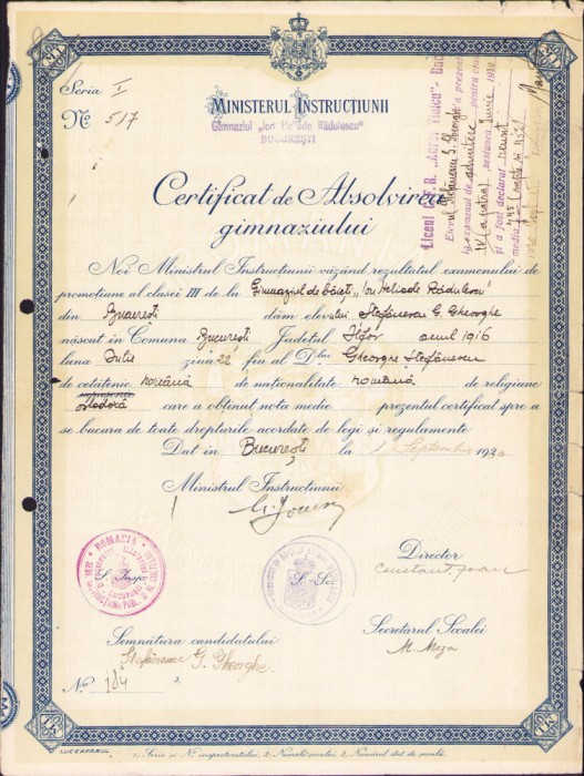 HST A1429 Certificat absolvire 1930 Gimnaziu Ion Heliade Rădulescu București