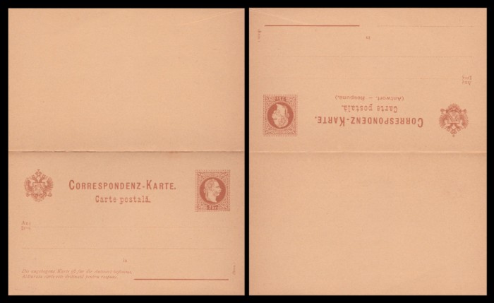 1880 Bucovina, CP bilingva dubla cu raspuns 2+2 kr Franz Josef efigia la dreapta