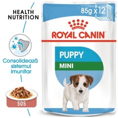 Hrana umeda caini, Royal Canin Mini Puppy, plic 85 g, talie mica, junior, carne in sos