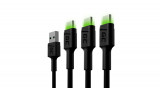 Set de cabluri Green Cell 3x GC Ray USB-C 200 cm Cablu USB de date și &icirc;ncărcare cu iluminare cu LED-uri verzi Suport pentru &icirc;ncărcare rapidă Ultra Cha