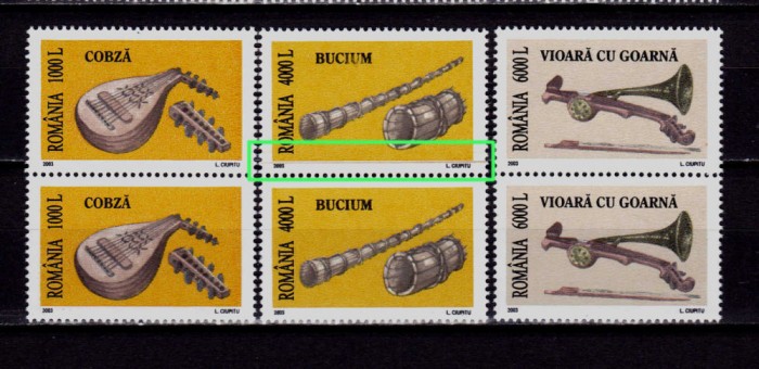 RO 2003 LP 1619 &quot;Instrumente muzicale populare&quot; VARIETATE, pereche V , MNH