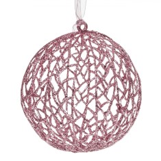 Glob Decorativ de Crăciun, Model Perforat, Culoare Roz, Glitter, Diametru 15cm