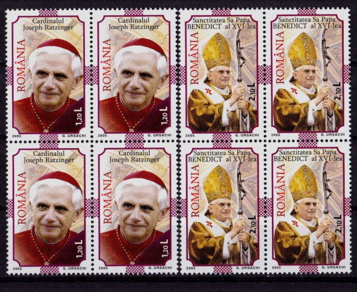 ✅RO 2005 ,LP 1690 ,&quot; Nou pontificat - Benedict al XVI-lea &quot; , bloc x 4 , MNH