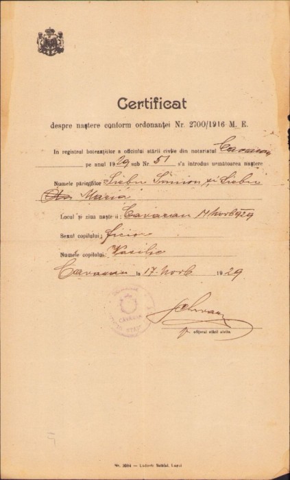 A906 Certificat de naștere, 1929, Căvăran