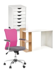 Set birou copii HM Fino, PAL Melaminat, rafturi, stejar auriu alb cu scaun HM Andy roz, mesh, 102 kg si dulapior rulant HM Simon 2, cu roti, front MDF