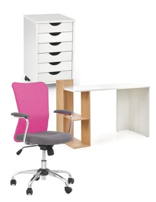 Set birou copii HM Fino, PAL Melaminat, rafturi, stejar auriu alb cu scaun HM Andy roz, mesh, 102 kg si dulapior rulant HM Simon 2, cu roti, front MDF foto