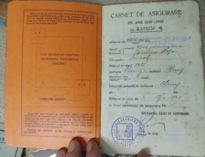 Carnet de asigurat 1939 foto