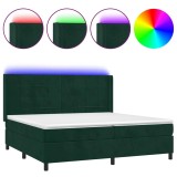 Cumpara ieftin Pat cu arcuri, saltea si LED, verde inchis, 200x200 cm, catifea