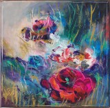 Pictură originală ulei pe p&acirc;nză &bdquo;Flori roșii &icirc;ntr-o grădină sălbatică&rdquo; 20x20 cm, pe șasiu. Certificat cu semnătura și ștampila artistului