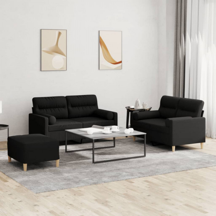vidaXL Set de canapele cu perne, 3 piese, negru, textil 3201596