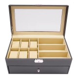 Cumpara ieftin Cutie Depozitare 2 Niveluri &ndash; 6 Ceasuri + 9 Ochelari &ndash; Piele Ecologică Neagră &ndash;