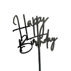 Decoratiune topper pentru tort, flippy, model happy birthday, tematica aniversare, 10 cm, negru