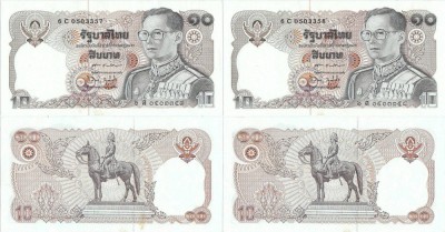 2 &amp;times; 1991 , 10 baht ( P-87a.10 ) - Thailanda - stare UNC Serie consecutiva ! foto