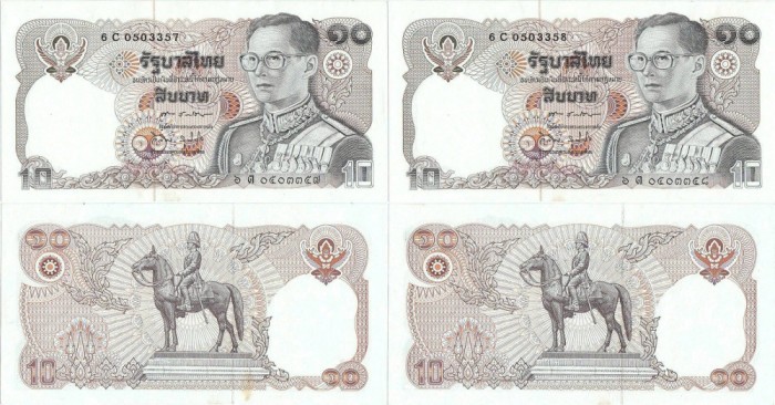 2 &times; 1991 , 10 baht ( P-87a.10 ) - Thailanda - stare UNC Serie consecutiva !