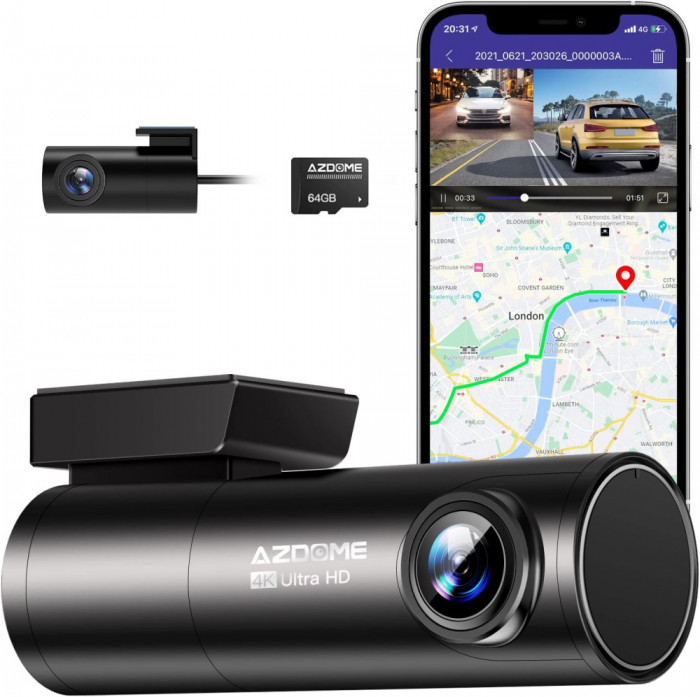 Camera auto DVR AZDOME M300S, Dubla, 4K + 1080P, 5GHz WiFi, GPS, Unghi 170 , Comanda vocala, Card 64G inclus