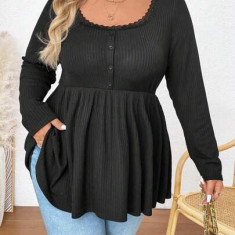 Bluza cu decolteu si maneca lunga, negru, dama, Shein