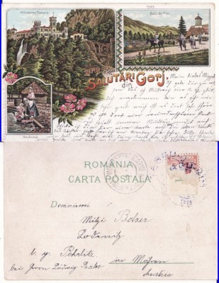 Salutari din Gorj-litografie -Manastirea Tismana, Baia de Fier, port popular foto