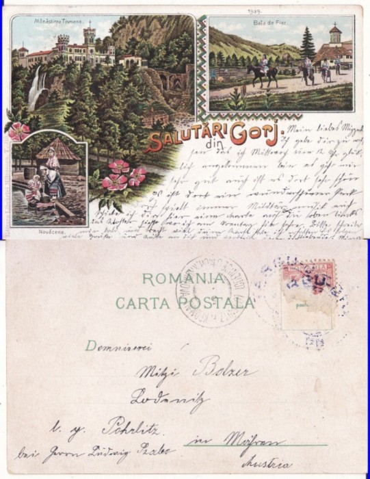 Salutari din Gorj-litografie -Manastirea Tismana, Baia de Fier, port popular