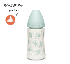 Biberon 270 ml cu tetină rotundă din silicon, 3 fluxuri, iepuraș verde hygge suavinex