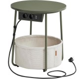 VASAGLE Masuta de cafea rotunda cu cos de stofa, statie de incarcare 2 prize si 2 USB, 45x50cm, verde crem Household NewTrend