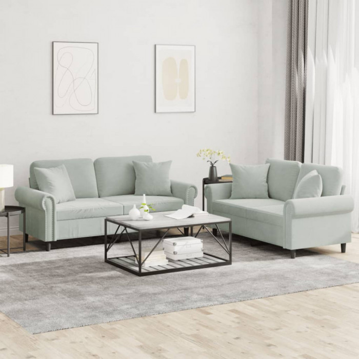 vidaXL Set canapea cu perne, 2 piese, gri deschis, catifea 3202230