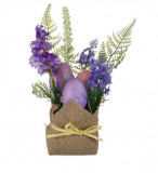 Ghiveci decorativ cu oua si flori de lavanda pentru Paste,26 cm, Oem