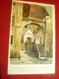 Ilustrata Sighisoara - Intrarea in Manastire- dupa acuarela- Ed.Soc S.Hann, Necirculata, Printata