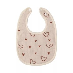 Baveta in Forma de U, Cyrax, din Bumbac, pentru Copii 0-12 Luni, Rezistenta la Apa, cu Capse, Model cu Inimoare, 21x30 cm, Bej