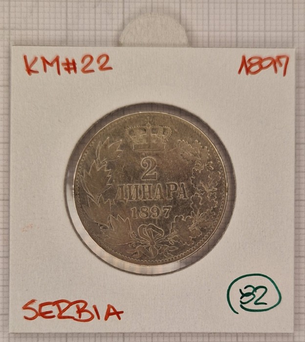 Serbia 2 Dinara Dinari 1897, KM#22, Argint, Alexander I