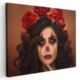 Tablou portret femeie cu machiaj halloween si flori pe cap Tablou canvas pe panza CU RAMA 80x120 cm