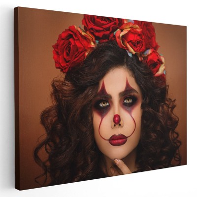 Tablou portret femeie cu machiaj halloween si flori pe cap Tablou canvas pe panza CU RAMA 60x80 cm foto