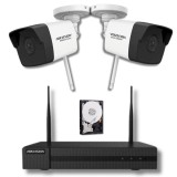Sistem supraveghere Hikvision seria HiWatch 2 camere IP Wi-Fi 2 Megapixeli, IR 30m Microfon SD card, NVR 4 canale 6 Megapixeli, Hard SafetyGuard Surve