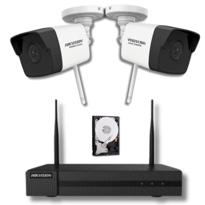 Sistem supraveghere Hikvision seria HiWatch 2 camere IP Wi-Fi 2 Megapixeli, IR 30m Microfon SD card, NVR 4 canale 6 Megapixeli, Hard SafetyGuard Surve foto