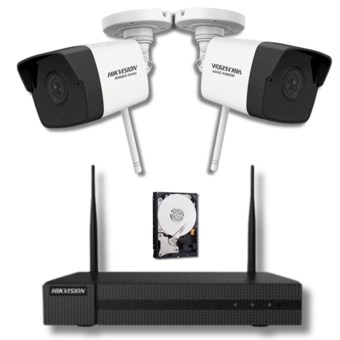 Sistem supraveghere Hikvision seria HiWatch 2 camere IP Wi-Fi 2 Megapixeli, IR 30m Microfon SD card, NVR 4 canale 6 Megapixeli, Hard SafetyGuard Surve