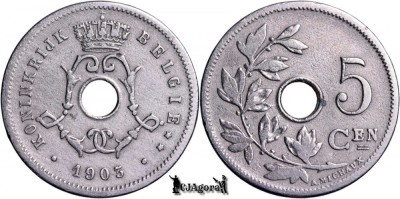 1903, 5 Centimes - Leopold al II-lea - Regatul Belgiei - inscripție olandeză foto