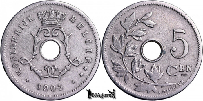 1903, 5 Centimes - Leopold al II-lea - Regatul Belgiei - inscripție olandeză