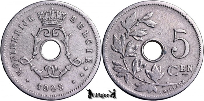 1903, 5 Centimes - Leopold al II-lea - Regatul Belgiei - inscripție olandeză