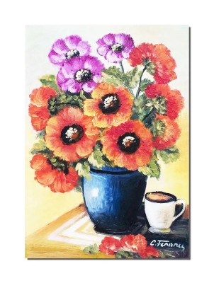 Tablou pictat manual, Vaza cu maci, invitatie la o cafea, 50x35cm ulei pe panza, Constantin Feraru foto