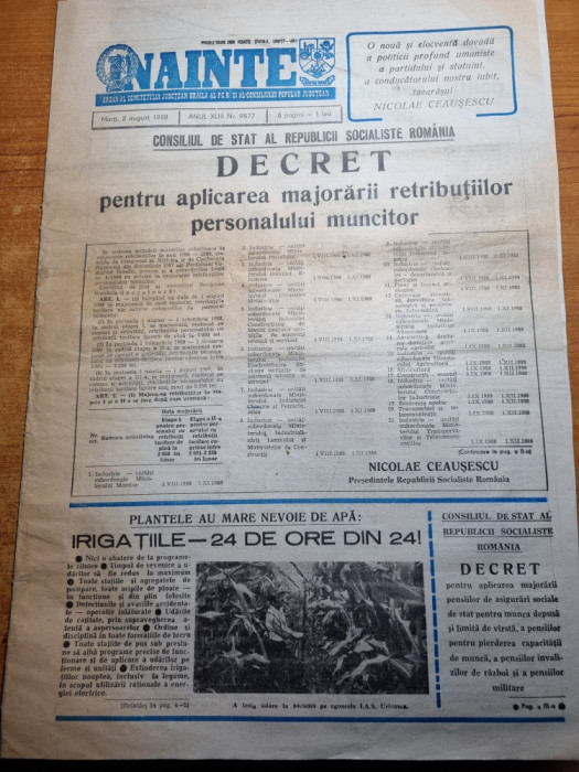 ziarul inainte 2 august 1988-articole braila,decret pt majorarea salariilor