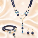 Cumpara ieftin Set Bijuterii Decisa Special Plus: Colier, Bratara, Cercei din Agat Albastru Safir, Perle, Cuart, Argint 925 Placat Aur