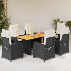 Set mobilier de gradina cu perne, 7 piese, negru, poliratan